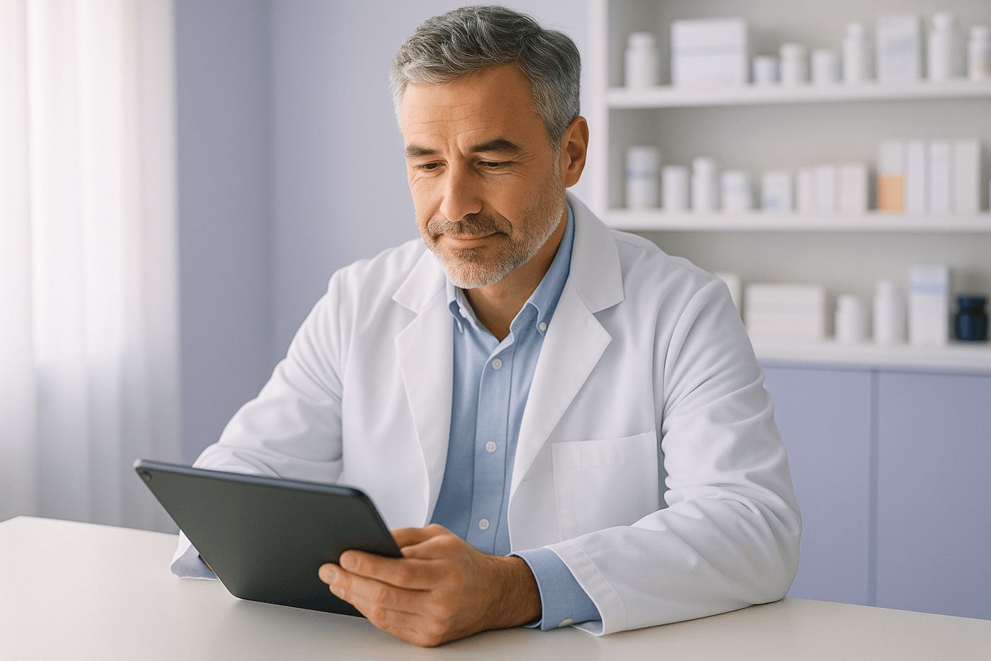 A licensed healthcare provider reviewing a patient chart, with pharmacy shelving softly visible in the background